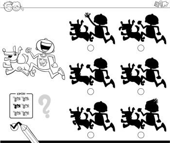Black and White Cartoon Illustration of Finding the Shadow without Differences Educational Activity for Children with Boy and Dog Characters Coloring Book