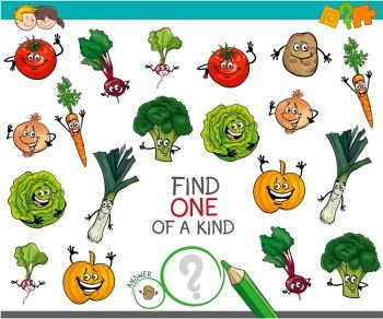 Cartoon Illustration of Find One of a Kind Educational Activity Game for Children with Vegetables Comic Characters