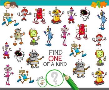 Cartoon Illustration of Find One of a Kind Educational Activity Game for Children with Robots Comic Characters