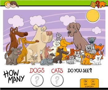Cartoon Illustration of Educational Counting Game for Children with Cats and Dogs Animal Characters Group