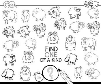Black and White Cartoon Illustration of Find One of a Kind Picture Educational Activity Game for Children with Sheep Characters Coloring Book