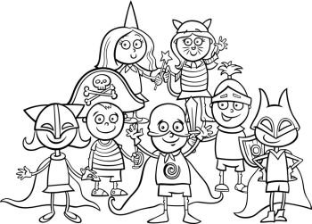 Black and White Cartoon Illustration of Elementary Age Children Characters at the Mask Ball Coloring Book