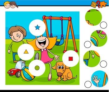 Cartoon Illustration of Educational Match the Pieces Jigsaw Puzzle Game for Children with Kids on Playground