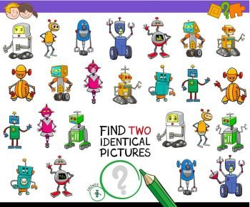 Cartoon Illustration of Finding Two Identical Pictures Educational Game for Children with Robot Fantasy Characters