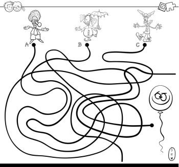 Black and White Cartoon Illustration of Paths or Maze Puzzle Activity Game with Clown Characters and Funny Balloon Coloring Book