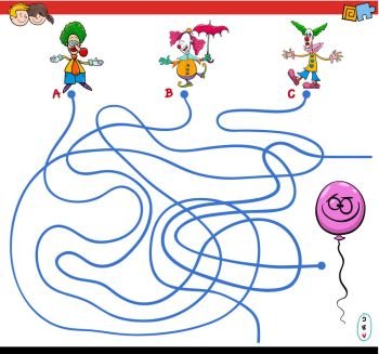 Cartoon Illustration of Paths or Maze Puzzle Activity Game with Clown Characters and Funny Balloon