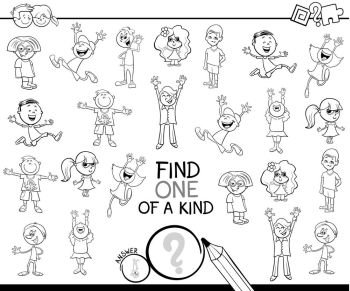 Black and White Cartoon Illustration of Find One of a Kind Picture Educational Activity Game for Children with Kid Characters Coloring Book