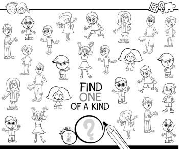 Black and White Cartoon Illustration of Find One of a Kind Picture Educational Activity Game for Kids with Children Characters Coloring Book