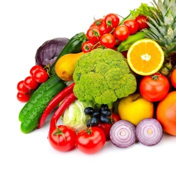 The composition of fresh fruits and vegetables. Isolated on white background.