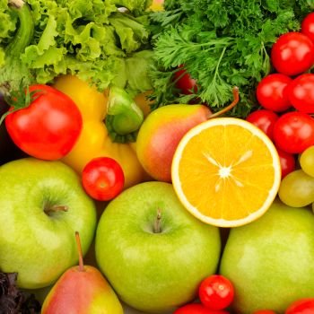 Background of natural fresh fruit and vegetables. Top view.