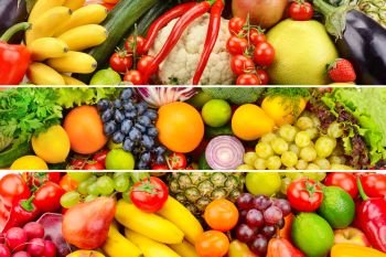 Wide collage of healthy vegetables and fruits
