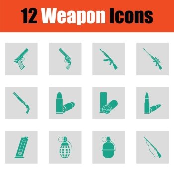 Set of twelve weapon icons. Set of twelve weapon icons. Green on gray design. Vector illustration.