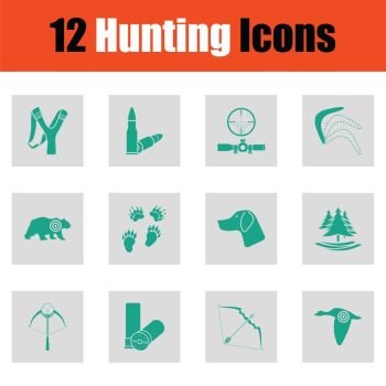 Set of hunting icons. Green on gray design. Vector illustration.