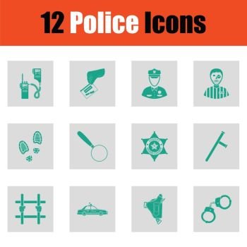 Set of police icons. Green on gray design. Vector illustration.