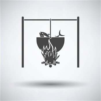 Icon of fire and fishing pot. Icon of fire and fishing pot on gray background, round shadow. Vector illustration.