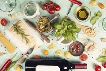 italian food background, healthy food concept or ingredients for cooking pesto sauce on a vintage background top view with copy space