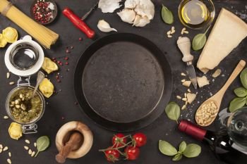 italian food background, healthy food concept or ingredients for cooking pesto sauce on a vintage background top view with copy space