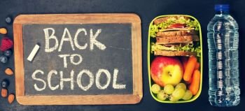 Sandwich, apple, grape, carrot, berry in plastic lunch box and bottle of water on black chalkboard. Back to school concept.