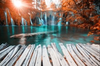 Beautiful fall colors forest waterfall. Plitvice National Park, Croatia.