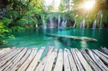 Beautiful summer forest waterfall. Plitvice National Park, Croatia.