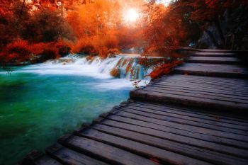 Wooden path across beautiful sunny autumn lake