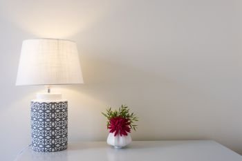 Beautiful flowers with table lamp over white wall background