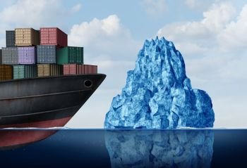 Shipping Logistics Risk and cargo challenge as a freight ship facing a dangerous iceberg as a business import export management metaphor with 3D illustration elements.