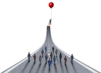 Managing business success ambitions concept as a management and team manager symbol as a businessman lifting a road up with a balloon as a leadership metaphor with 3D illustration elements on white.
