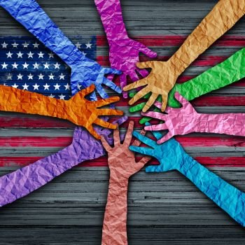 American diversity holding as diverse hands made of crumpled paper connected together as a concept for citizen solidarity and patriotic friendship in the united states,
