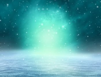 Magical winter background as a fantasy snow landscape with an arctic northern Aurora Borealis natural illumination in a 3D illustration style.