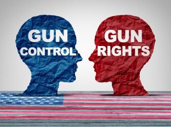 Gun debate as the right to control firearms laws versus the constitutional rights of owners of guns as a political American argument concept in a 3D illustration style.