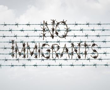 Immigration ban and refugee banned by government policy as extreme vetting of newcomers as a barbed wire fence shaped as text in a 3D illustration style.