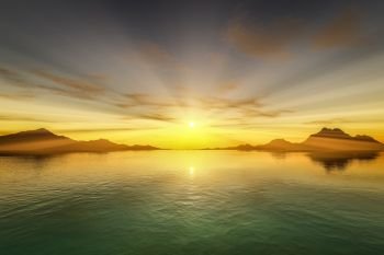 3d rendering of a sunset over the ocean