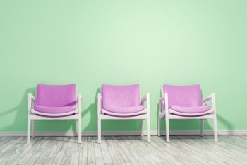 3d rendering of a three armchairs green wall and space for your content
