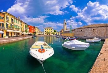 Lazise colorful harbor and boats panoramic view, Lago di Garda, Veneto region of Italy