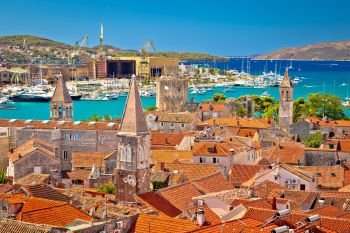 Landmarks of Trogir aerial view, turquoise sea background, UNESCO world heritage site in Dalmatia, Croatia
