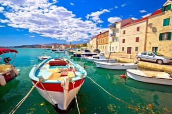 Kastel Novi turquoise harbor and historic architecture view, Split region of Dalmatia, Croatia