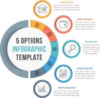 5 Options Infographic Template. 5 Options infographic template with line icons for prsentations, reports, brochures etc, can be used as steps, workflow, process, vector eps10 illustration