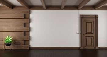 Empty elegant living room. Empty elegant living room with dark wood paneling and closed door - 3d rendering