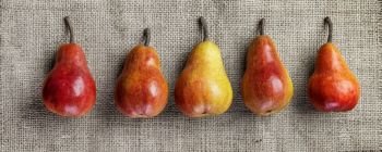 four colorful pears closeup on vintage burlap background