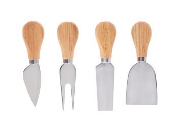 Set of stainless steel cheese knives isolated on white background
