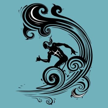 Surfer man on the wave.. Surfer man on the wave. Prints for T-shirts. Vector hand drawn illustration.