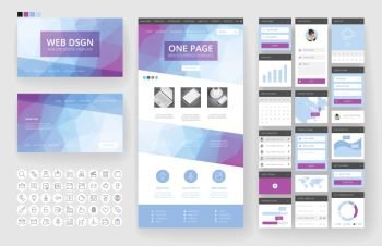 Website template, one page design, headers and interface elements. Low poly abstract backgrounds.