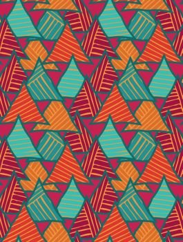Striped triangles on bright pink overlapping.Hand drawn with ink seamless background.Creative handmade repainting design for fabric or textile.Geometric pattern with triangles.Vintage retro colors