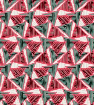 Striped triangles on gray overlapping.Hand drawn with ink seamless background.Creative handmade repainting design for fabric or textile.Geometric pattern with triangles.Vintage retro colors