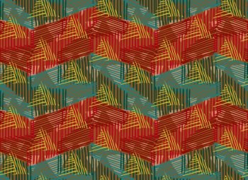 Striped triangles red green overlay.Hand drawn with ink seamless background.Creative handmade repainting design for fabric or textile.Geometric pattern with triangles.Vintage retro colors