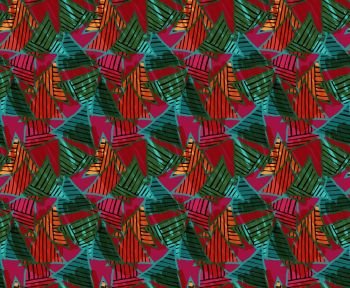 Triangles red and green striped on pink.Hand drawn with ink seamless background.Creative handmade repainting design for fabric or textile.Geometric pattern with triangles.Vintage retro colors