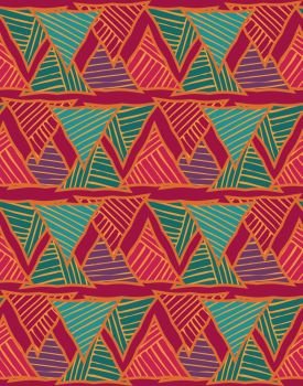 Triangles striped red and green.Hand drawn with ink seamless background.Creative handmade repainting design for fabric or textile.Geometric pattern with triangles.Vintage retro colors