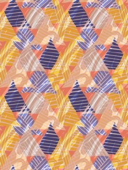 Triangles striped with texture on orange.Hand drawn with ink seamless background.Creative handmade repainting design for fabric or textile.Geometric pattern with triangles.Vintage retro colors