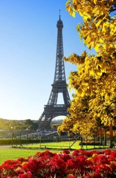 Sunny morning and Eiffel Tower, Paris, France